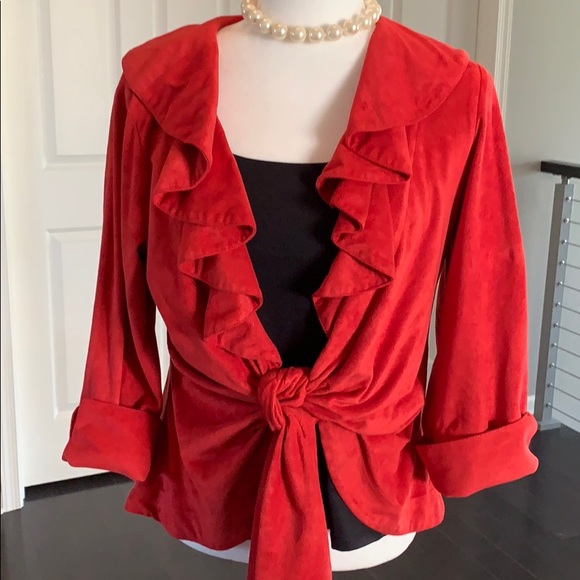 Mishca Red faux suede microfiber ruffle tie jacket - Picture 4 of 6